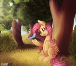Size: 2294x2000 | Tagged: safe, artist:blankedsoul, fluttershy, bird, blue jay, pegasus, pony, g4, cute, female, high res, mare, shyabetes, tree