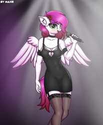 Size: 2470x3000 | Tagged: safe, artist:maxiclouds, oc, oc only, oc:ellie berryheart, pegasus, anthro, big breasts, black dress, black eyeshadow, blushing, bracelet, breasts, clothes, dress, ear fluff, embarrassed, eyeshadow, female, flower, flower in hair, garter belt, green eyes, high res, jewelry, long eyelashes, makeup, microphone, singing, solo, stockings, tail, thigh highs, wings