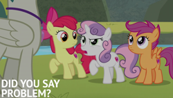 Size: 2000x1125 | Tagged: safe, edit, edited screencap, editor:quoterific, screencap, apple bloom, scootaloo, sweetie belle, pegasus, g4, surf and/or turf, cutie mark crusaders