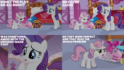 Size: 2000x1125 | Tagged: safe, edit, edited screencap, editor:quoterific, screencap, rarity, sweetie belle, for whom the sweetie belle toils, g4, bed, carousel boutique, clothes, costume, dress