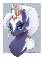 Size: 1520x2037 | Tagged: safe, artist:lummh, oc, oc only, oc:selendis, pony, unicorn, crown, ear piercing, earring, female, glowing, glowing eyes, gray background, horn, horn ring, jewelry, piercing, regalia, ring, simple background, solo, unicorn oc