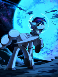 Size: 3000x4000 | Tagged: safe, artist:chamommile, oc, oc only, original species, pegasus, pony, ammunition, blue hair, butt, commission, ear fluff, full body, light skin, long hair, looking up, moon, open mouth, pegasus oc, plot, purple eyes, solo, space, spaceship, spacesuit, wings, ych result