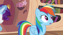 Size: 854x480 | Tagged: safe, screencap, rainbow dash, rarity, pony, daring don't, g4, golden oaks library, offscreen character