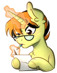 Size: 2356x3000 | Tagged: safe, artist:mitexcel, oc, oc only, oc:merille artienda, pony, unicorn, brown eyes, drawing, glasses, high res, magic, nonbinary, orange mane, short mane, solo, yellow coat