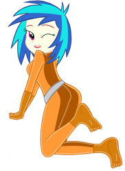 Size: 1749x2397 | Tagged: safe, artist:yaya54320bases, dj pon-3, vinyl scratch, human, equestria girls, g4, ass, base used, bodysuit, butt, catsuit, clothes, feet, latex, latex suit, looking at you, looking back, looking back at you, one eye closed, simple background, solo, totally spies, vinyl ass, white background, wink, winking at you