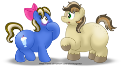 Size: 1189x672 | Tagged: safe, artist:aleximusprime, oc, oc only, oc:place holder, oc:sundae shake, earth pony, pony, adult blank flank, blank flank, blushing, bow, commission, duo, duo male and female, fat, female, freckles, hair bow, hoof over mouth, looking at each other, looking at someone, male, mare, oc x oc, open mouth, raised hoof, shipping, simple background, stallion, straight, transparent background, unshorn fetlocks