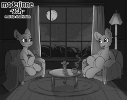 Size: 3492x2743 | Tagged: safe, artist:madelinne, black and white, blanket, commission, cup, grayscale, high res, lamp, monochrome, moon, night, sitting, sketch, sky, stars, table, teacup, window, your character here