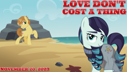 Size: 2063x1160 | Tagged: safe, artist:cheezedoodle96, artist:jhayarr23, coloratura, feather bangs, earth pony, pony, g4, 2023, beach, colorabangs, female, jennifer lopez, love don't cost a thing, lyrics in the description, male, mare, november, ocean, shipping, smiling, song in the description, song reference, stallion, straight, water, youtube link in the description