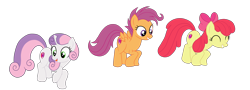 Size: 6000x2154 | Tagged: safe, artist:gmaplay, apple bloom, scootaloo, sweetie belle, earth pony, pegasus, pony, unicorn, g4, growing up is hard to do, ^^, adorabloom, apple bloom's bow, bow, cute, cutealoo, cutie mark crusaders, diasweetes, eyes closed, female, hair bow, mare, older, older apple bloom, older cmc, older scootaloo, older sweetie belle, open mouth, simple background, smiling, transparent background, trio, trio female