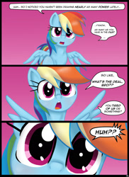 Size: 1280x1761 | Tagged: safe, artist:lennondash, part of a set, rainbow dash, pegasus, pony, series:too close, g4, breaking the fourth wall, close-up, comic, cute, dashabetes, extreme close-up, female, gradient background, looking at you, mare, open mouth, part of a series, pink background, snoot, solo, speech bubble, spread wings, staring at you, sternocleidomastoid, talking to the artist, talking to viewer, wings