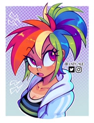 Size: 1245x1627 | Tagged: safe, artist:l4zy_4le, rainbow dash, human, g4, abstract background, alternate hairstyle, bandaid, bandaid on nose, border, breasts, bust, cleavage, clothes, eye clipping through hair, eyebrows, eyebrows visible through hair, female, hoodie, humanized, looking back, open mouth, passepartout, ponytail, solo, tan skin