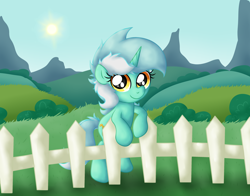 Size: 3568x2795 | Tagged: safe, artist:background basset, lyra heartstrings, pony, unicorn, g4, bipedal, bipedal leaning, cute, female, fence, high res, leaning, looking at you, lyrabetes, mare, smiling, smiling at you, solo, standing, standing on two hooves, sun