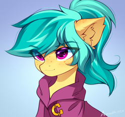 Size: 2056x1914 | Tagged: safe, artist:airiniblock, oc, oc only, oc:karoline skies, earth pony, pony, bust, earth pony oc, female, freckles, gift art, gradient background, icon, solo