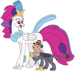 Size: 2528x2350 | Tagged: safe, artist:supahdonarudo, grampa gruff, queen novo, classical hippogriff, griffon, hippogriff, series:novoember, g4, my little pony: the movie, hat, high res, looking at each other, looking at someone, scar, simple background, size difference, transparent background, walking