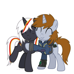 Size: 6000x6000 | Tagged: safe, artist:suramii, oc, oc only, oc:littlepip, oc:velvet remedy, pony, unicorn, fallout equestria, g4, ^^, absurd resolution, clothes, duo, duo female, eyes closed, female, hug, jumpsuit, simple background, transparent background, vault suit