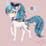 Size: 1500x1500 | Tagged: safe, alternate version, artist:hysteriana, oc, oc only, oc:evening lake, pony, unicorn, amber eyes, apple, blank flank, blue mane, bow, chest fluff, choker, collar, cute, digital art, ear fluff, eyebrows, female, floppy ears, food, full body, hair bow, hooves, horn, levitation, light skin, long tail, looking up, magic, magic aura, orange eyes, patch, pink background, ponytail, signature, simple background, smiling, solo, spots, spotted, tail, telekinesis, unshorn fetlocks
