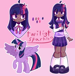 Size: 1280x1300 | Tagged: safe, artist:dangan0fan, twilight sparkle, alicorn, human, pony, g4, book, clothes, cute, dark skin, female, flats, humanized, mare, open mouth, raised hoof, reference sheet, shirt, shoes, skirt, socks, solo, stockings, sweater vest, thigh highs, twiabetes, twilight sparkle (alicorn)