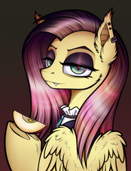 Size: 1300x1700 | Tagged: safe, artist:jehr, fluttershy, pegasus, pony, undead, vampire, fake it 'til you make it, g4, apple, apple slice, clothes, commission, ear piercing, earring, eyebrows, eyeshadow, fangs, female, fluttergoth, food, goth, gradient background, halloween, holding hooves, holiday, jewelry, lidded eyes, lineart, looking at you, makeup, mare, pendant, piercing, pink hair, pink mane, solo, underhoof, wings