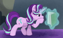 Size: 2000x1200 | Tagged: safe, artist:swasfews, starlight glimmer, pony, unicorn, g4, book, female, glowing, glowing horn, horn, levitation, magic, magic aura, mare, raised hoof, reading, scrunchy face, solo, telekinesis