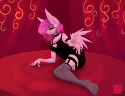 Size: 2240x1716 | Tagged: safe, artist:elektra-gertly, oc, oc only, oc:ellie berryheart, pegasus, anthro, ass, bed, bedroom, black dress, bracelet, butt, clothes, dress, erotica, eyeshadow, flower, flower in hair, garter belt, glasses, jewelry, lipstick, long ears, long eyelashes, looking at you, makeup, manicure, pink lipstick, purple eyeshadow, red background, romantic, simple background, smiling, smiling at you, solo, stockings, thigh highs, wings