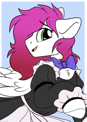 Size: 2150x3035 | Tagged: safe, artist:mariashek, oc, oc only, oc:ellie berryheart, pegasus, pony, g4, apron, bowtie, clothes, female, green eyes, happy, high res, housewife, looking at you, maid, solo, wings