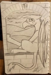 Size: 2511x3671 | Tagged: safe, artist:darthalex70, derpibooru exclusive, oc, oc only, oc:duskclaw, griffon, griffon oc, high res, looking at you, sitting, sketch, solo, traditional art, window