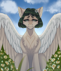 Size: 2400x2800 | Tagged: safe, artist:enderbee, oc, oc:chamo, pegasus, pony, cloud, female, field, flower, flower in hair, green eyes, green hair, high res, short hair, sky, solo, spread wings, wings