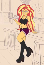 Size: 873x1280 | Tagged: safe, artist:peel_a_na, sunset shimmer, human, equestria girls, g4, alcohol, beer, belly button, boots, breasts, burger, busty sunset shimmer, clothes, food, hamburger, high heel boots, high heels, looking at you, shoes, shorts, solo, tank top, waitress