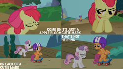Size: 2000x1125 | Tagged: safe, edit, edited screencap, editor:quoterific, screencap, apple bloom, scootaloo, sweetie belle, earth pony, pegasus, pony, unicorn, g4, season 2, the cutie pox, bipedal, cutie mark crusaders, female, filly, foal, helmet, scootaloo is not amused, scooter, sweetiedumb, unamused