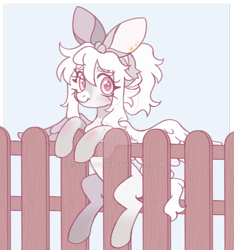 Size: 1024x1092 | Tagged: safe, artist:lynesssan, oc, oc only, pegasus, pony, blue background, deviantart watermark, female, fence, mare, obtrusive watermark, simple background, sitting, solo, watermark