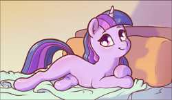 Size: 4653x2700 | Tagged: safe, artist:stratodraw, twilight sparkle, pony, unicorn, g4, bed, cute, female, looking at you, mare, missing cutie mark, on bed, smiling, smiling at you, solo, unicorn twilight