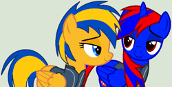 Size: 1349x681 | Tagged: safe, artist:stephen-fisher, oc, oc only, oc:flare spark, oc:stephen (stephen-fisher), alicorn, pegasus, pony, fallout equestria, g4, alicorn oc, clothes, fallout, fallout 4, female, horn, jumpsuit, male, pegasus oc, simple background, suit, vault suit, wings