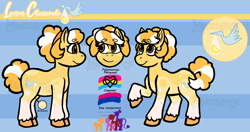 Size: 5260x2769 | Tagged: safe, artist:manticorpse, oc, oc:lemon cheesecake, earth pony, pony, backstory, brown eyes, character design, curly hair, curly mane, curly tail, cutie mark, earth pony oc, female, headband, mare, orange mane, pansexual pride flag, polyamory, pride, pride flag, reference sheet, solo, spots, spotted, striped mane, tail, unshorn fetlocks, yellow coat
