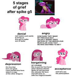 Size: 5728x5896 | Tagged: safe, edit, edited screencap, screencap, pinkie pie, spike, dragon, earth pony, pony, g4, g5, my little pony: make your mark, my little pony: make your mark chapter 6, my little pony: tell your tale, the isle of scaly, spoiler:g5, 5 stages of grief, acceptance, angry, bargaining, denial, depressed, grief, meme, pinkamena diane pie, sad, simple background, smiling, spike (g5), white background