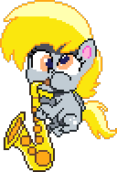 Size: 640x940 | Tagged: safe, artist:chssam, derpy hooves, pegasus, pony, g4, g4.5, my little pony: pony life, the comet section, cute, derpabetes, female, manepxls, mare, musical instrument, pixel art, puffy cheeks, pxls.space, saxophone, simple background, solo, transparent background