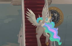 Size: 2190x1410 | Tagged: safe, artist:marsminer, princess celestia, alicorn, pony, g4, air force one, boeing, boeing 747, butt, dock, female, hoof shoes, horn, joe biden, mare, meme, peytral, plane, plot, ponified, redraw, solo, spread wings, stairs, sunbutt, tail, tripped, wings