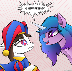 Size: 2700x2680 | Tagged: safe, artist:andaluce, izzy moonbow, doll pony, earth pony, object pony, original species, pony, unicorn, g5, animate object, crossover, doll, duo, duo female, female, hat, hi new friend, high res, jester, jester hat, jester outfit, living doll, mare, pomni, ponified, ponmi, raised hoof, speech bubble, the amazing digital circus, toy