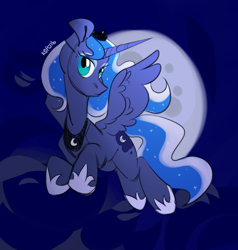 Size: 4000x4200 | Tagged: safe, artist:k0potb, princess luna, alicorn, pony, g4, big eyes, cute, female, flying, horn, long hair, looking at you, moon, solo, speedpaint, wings