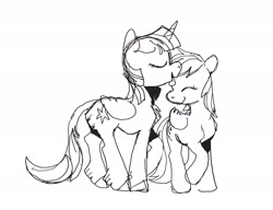 Size: 2112x1621 | Tagged: safe, artist:spectralunicorn, derpy hooves, twilight sparkle, alicorn, earth pony, pony, g4, black and white, cute, derpabetes, eyes closed, female, grayscale, height difference, lesbian, licking, looking at you, monochrome, ship:twerpy, shipping, simple background, smiling, smiling at you, tongue out, twiabetes, twilight sparkle (alicorn), white background