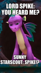 Size: 500x888 | Tagged: safe, screencap, spike, dragon, g5, my little pony: make your mark, my little pony: make your mark chapter 6, the isle of scaly, spoiler:g5, caption, image macro, implied sunny starscout, meme, older, older spike, spaceballs the tag, spike (g5), text, the isle of scaly (location)