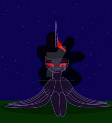 Size: 1024x1128 | Tagged: safe, artist:rosestardragonmp3, twilight sparkle, oc, oc:blacklight sparkle, alicorn, pony, g4, closed mouth, corrupted twilight sparkle, crying, deviantart watermark, folded wings, frown, lidded eyes, looking down, lying down, night, night sky, nightmare twilight, nightmarified, obtrusive watermark, prone, purple eyes, red sclera, sky, slit pupils, solo, starry night, stars, watermark, wings