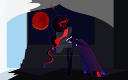 Size: 1024x641 | Tagged: safe, artist:rosestardragonmp3, twilight sparkle, oc, oc:blacklight sparkle, alicorn, pony, g4, blood moon, clothes, corrupted twilight sparkle, dress, ethereal mane, eyes closed, eyeshadow, female, folded wings, gala dress, lidded eyes, looking at you, makeup, mare, moon, nightmare twilight, nightmarified, red sclera, smiling, standing, wings