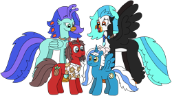Size: 3100x1739 | Tagged: safe, artist:supahdonarudo, derpibooru exclusive, oc, oc only, oc:fleurbelle, oc:icebeak, oc:ironyoshi, oc:sea lilly, alicorn, classical hippogriff, hippogriff, pony, unicorn, 2024 community collab, derpibooru community collaboration, bow, camera, clothes, group, horn, jewelry, looking at each other, looking at someone, necklace, shirt, simple background, transparent background, wings