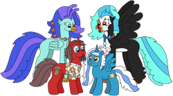 Size: 3100x1739 | Tagged: safe, artist:supahdonarudo, derpibooru exclusive, oc, oc only, oc:fleurbelle, oc:icebeak, oc:ironyoshi, oc:sea lilly, alicorn, classical hippogriff, hippogriff, pony, unicorn, 2024 community collab, derpibooru community collaboration, alicorn oc, bow, camera, clothes, group, horn, jewelry, looking at each other, looking at someone, necklace, quartet, shirt, simple background, transparent background, wings