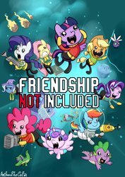 Size: 3720x5244 | Tagged: safe, artist:anibaruthecat, applejack, discord, fluttershy, gummy, pinkie pie, princess flurry heart, rainbow dash, rarity, spike, starlight glimmer, trixie, twilight sparkle, alicorn, alligator, draconequus, dragon, earth pony, parasprite, pegasus, pony, unicorn, g4, absurd resolution, asteroid, crossover, discord lamp, female, floating, male, mane seven, mane six, oxygen not included, space, spacesuit, style emulation, trixie's wagon, twilight sparkle (alicorn), wagon, winged spike, wings