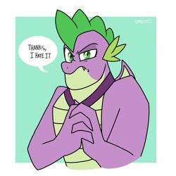 Size: 1414x1414 | Tagged: safe, artist:emositecc, spike, dragon, g4, 2020, adult, adult spike, dialogue, gigachad spike, male, muscles, muscular male, older, older spike, reaction image, solo, thanks i hate it
