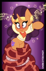 Size: 2600x4000 | Tagged: safe, artist:snakeythingy, saffron masala, pony, snake, unicorn, g4, belly button, bipedal, blushing, coiling, coils, dancing, hypnosis, hypnotic, hypnotized, music, music notes, story included