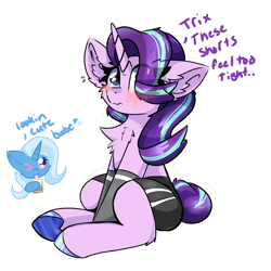 Size: 2000x2000 | Tagged: safe, artist:jubyskylines, starlight glimmer, trixie, pony, unicorn, g4, blushing, chest fluff, clothes, colored hooves, ear fluff, female, high res, juice, juice box, lesbian, mare, ship:startrix, shipping, simple background, sitting, skintight clothes, socks, white background