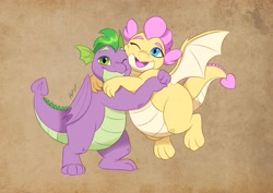 Size: 4096x2896 | Tagged: safe, artist:haruh_ink, spike, oc, oc:buttercream the dragon, dragon, flurry heart's story, g4, brother and sister, chubby, commission, dragoness, duo, female, high res, hug, male, older, older spike, one eye closed, open mouth, siblings, simple background, smiling, spike's family, spike's sister, spread wings, wings