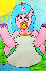 Size: 1975x3058 | Tagged: safe, artist:bitter sweetness, izzy moonbow, pony, unicorn, g5, my little pony: a new generation, my little pony: make your mark, my little pony: tell your tale, spoiler:g5, abdl, adult foal, diaper, diaper fetish, fetish, looking at you, looking between legs, non-baby in diaper, pacifier, poofy diaper, traditional art